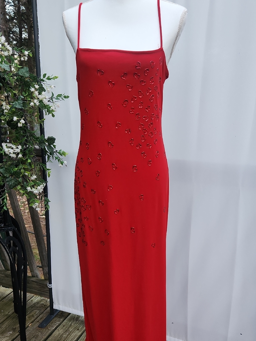 Red Beaded Slip Prom Wedding Guest Formal Whimsy Heart Sequin  Dress